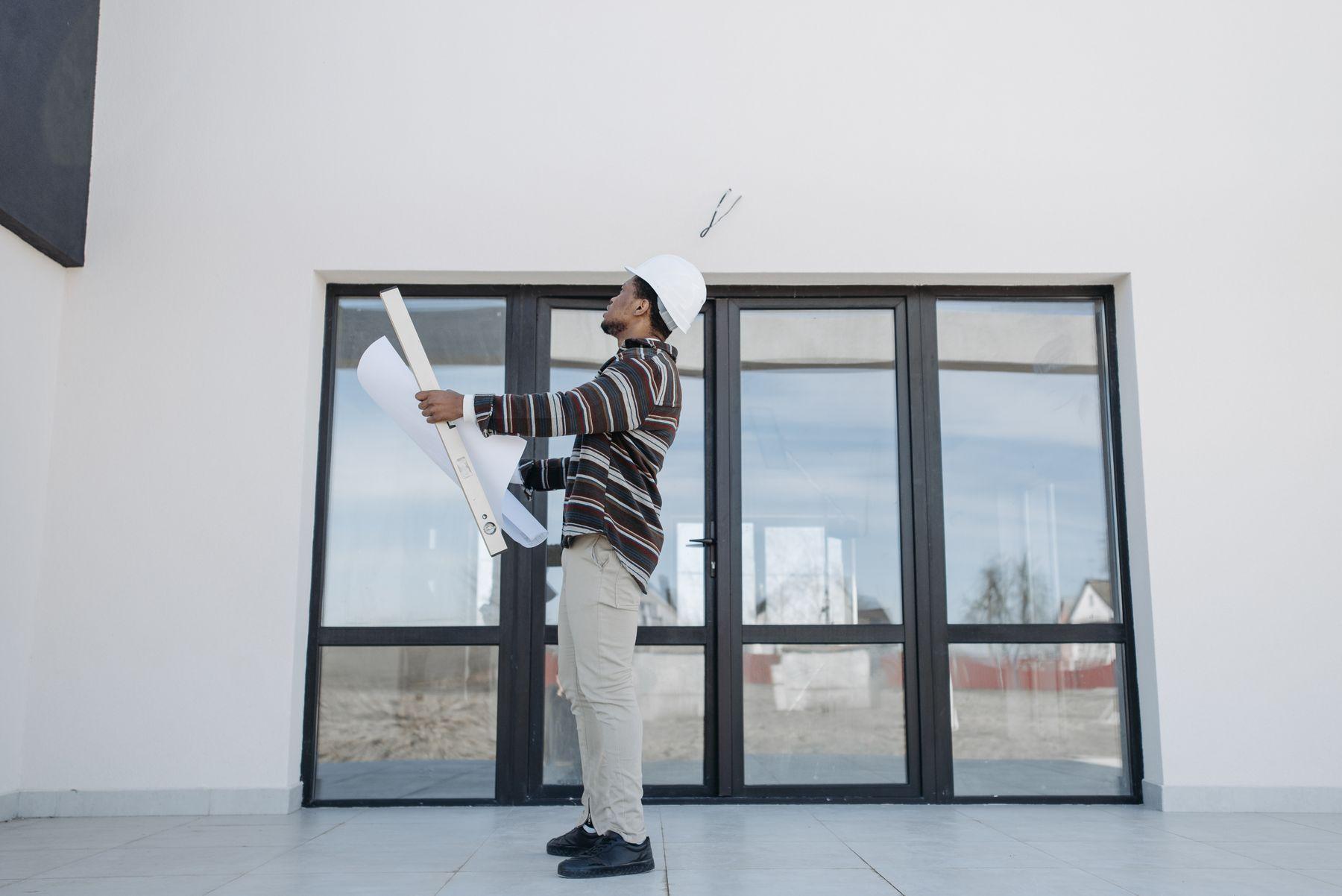 A project professional reviewing plans inside a contemporary building under construction